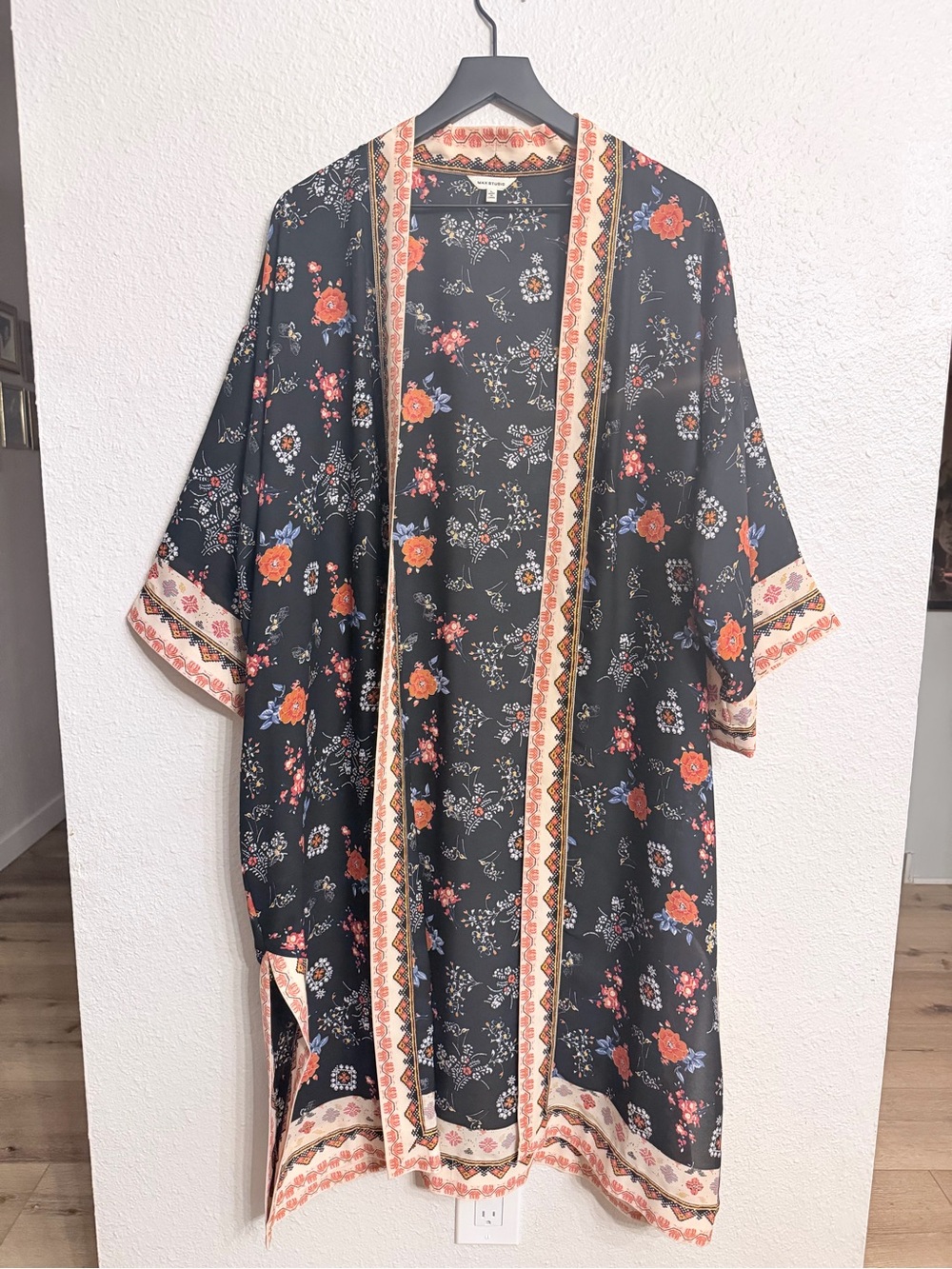 Max Studio Black Floral Open-Front Kimono with Coral Accents